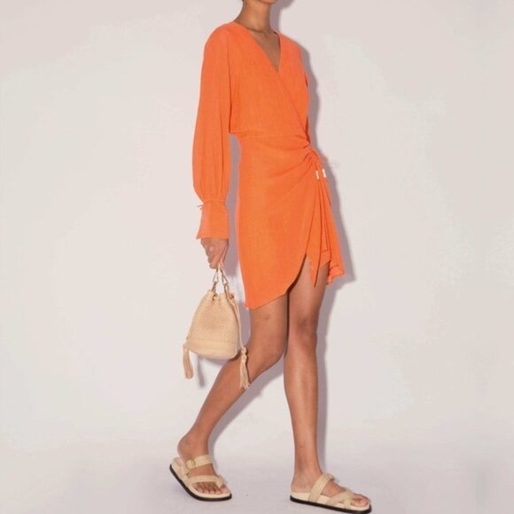Magali Pascal Myrtle Wrap Mini Dress Neon Coral Gauze Boho Resort Chic Sz S NEW - Picture 4 of 13